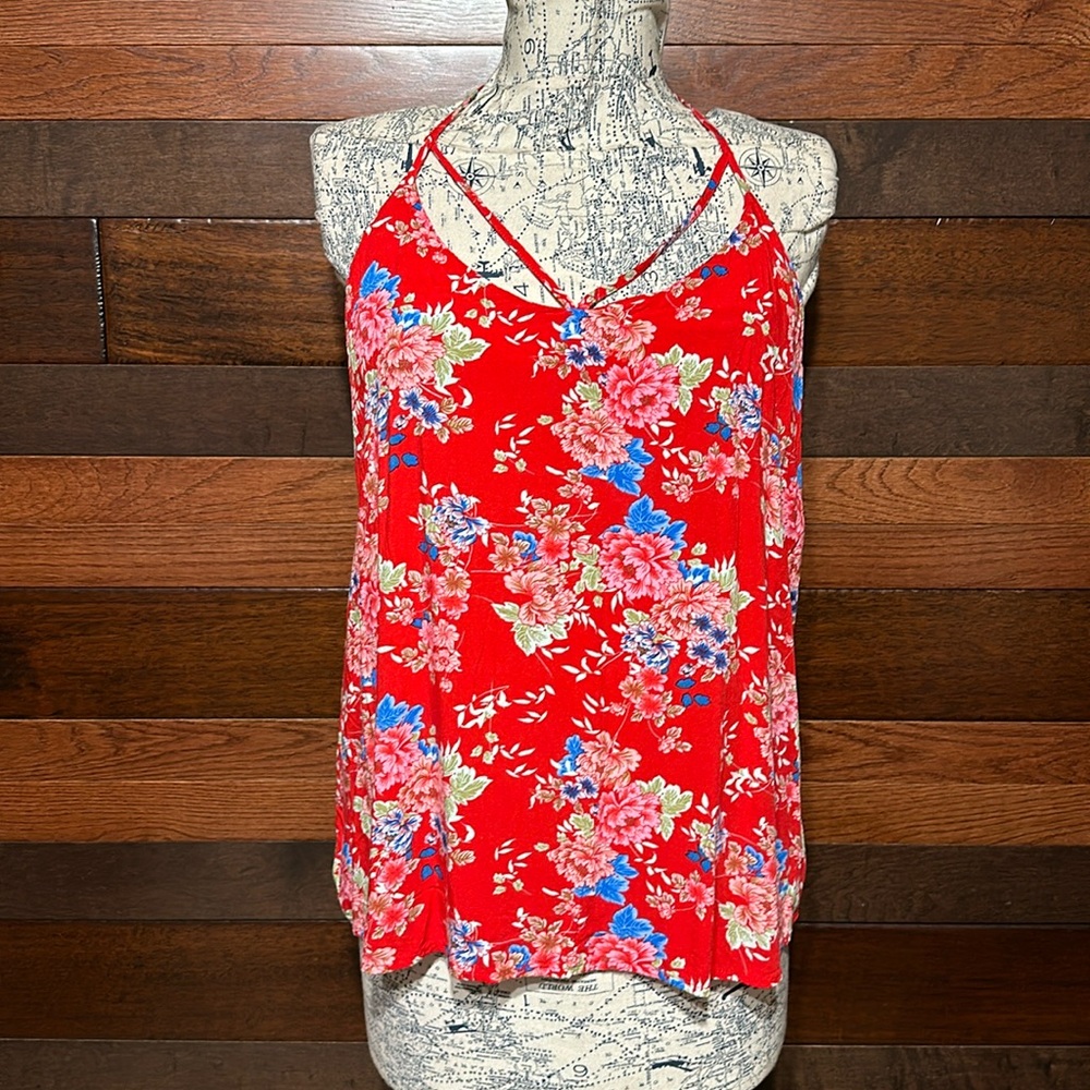 No Brand Tag Scoop Neck Spaghetti Strap Red and Blue Floral Tank Top